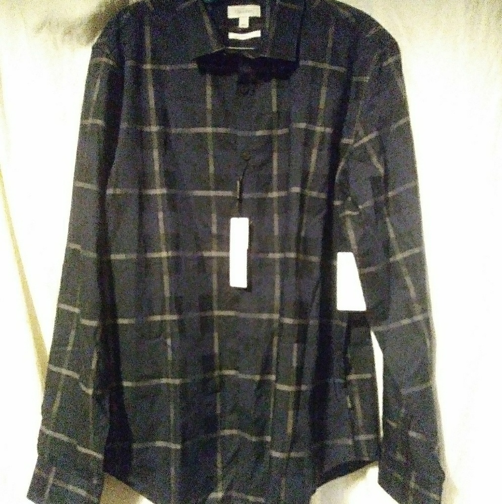 CALVIN KLEIN NEW BUTTON DOWN BLACK PLAID SIZE L